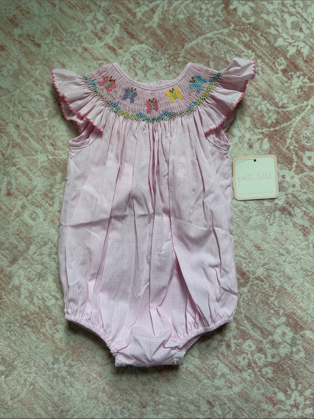 Petite Bebe smocked butterflies bubble sz 6m